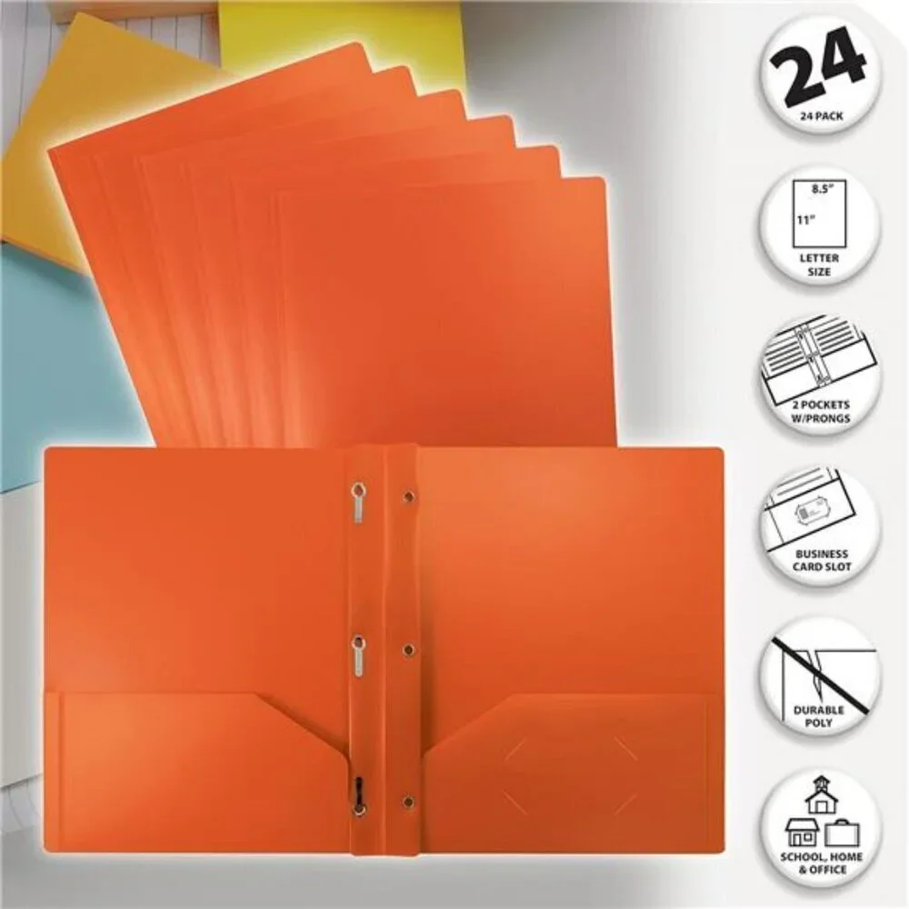 Better Office Products Orange Plastic 2 Pocket Folders with Prongs Metal 24 Pack
